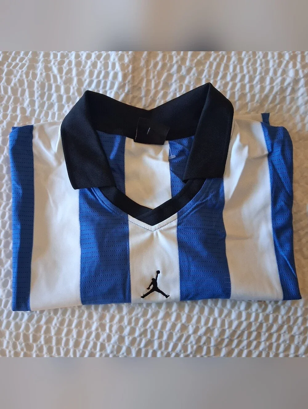 Jordan Blue & White Striped Soccer Top with Black Collar